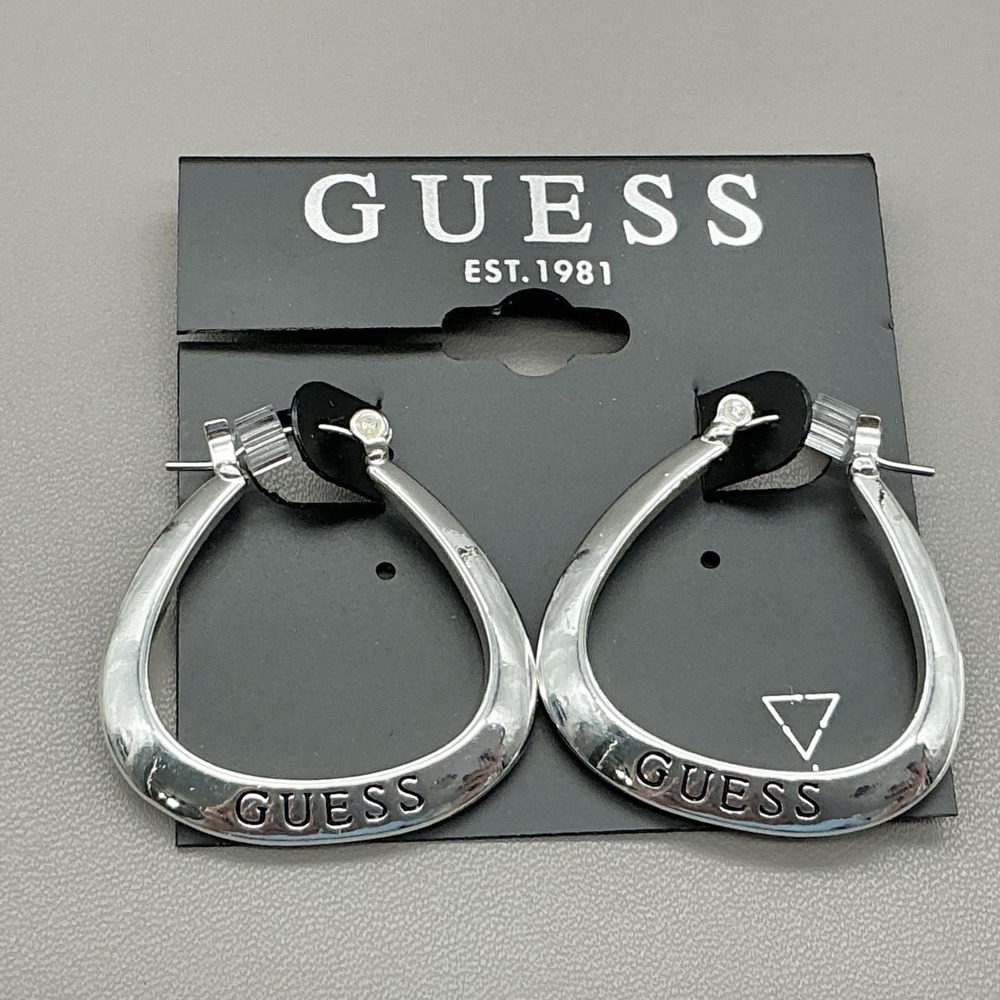 Guess Earrings Womens Silver Tone Teardrop Hoop Logo Pierced Fashion Jewelry